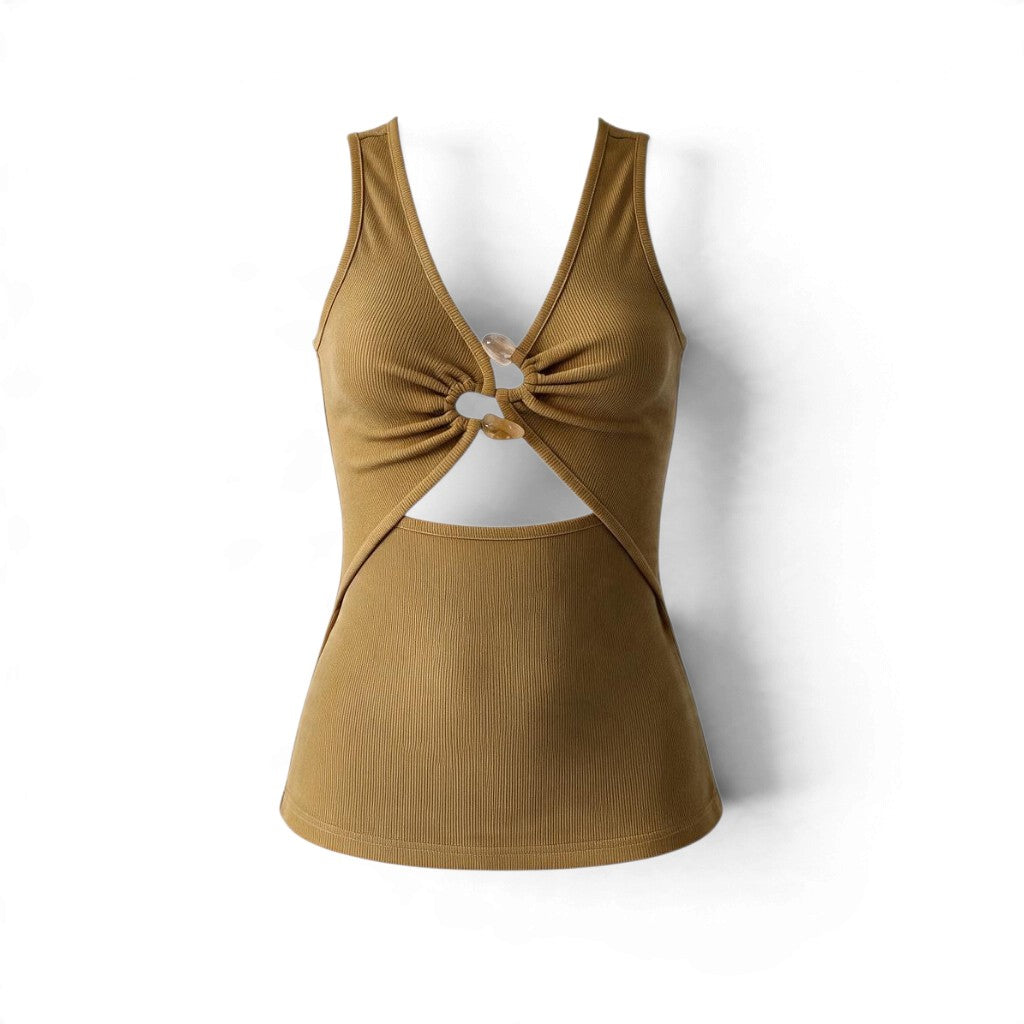 Christopher Esber Ribbed Crystal Cut Out Tank Top Camel Size AU8 Pre-Loved