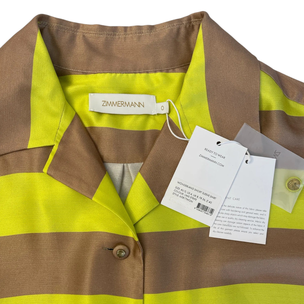 Zimmermann Wonderland Short Sleeve Silk Shirt Lime Stripe Size 0