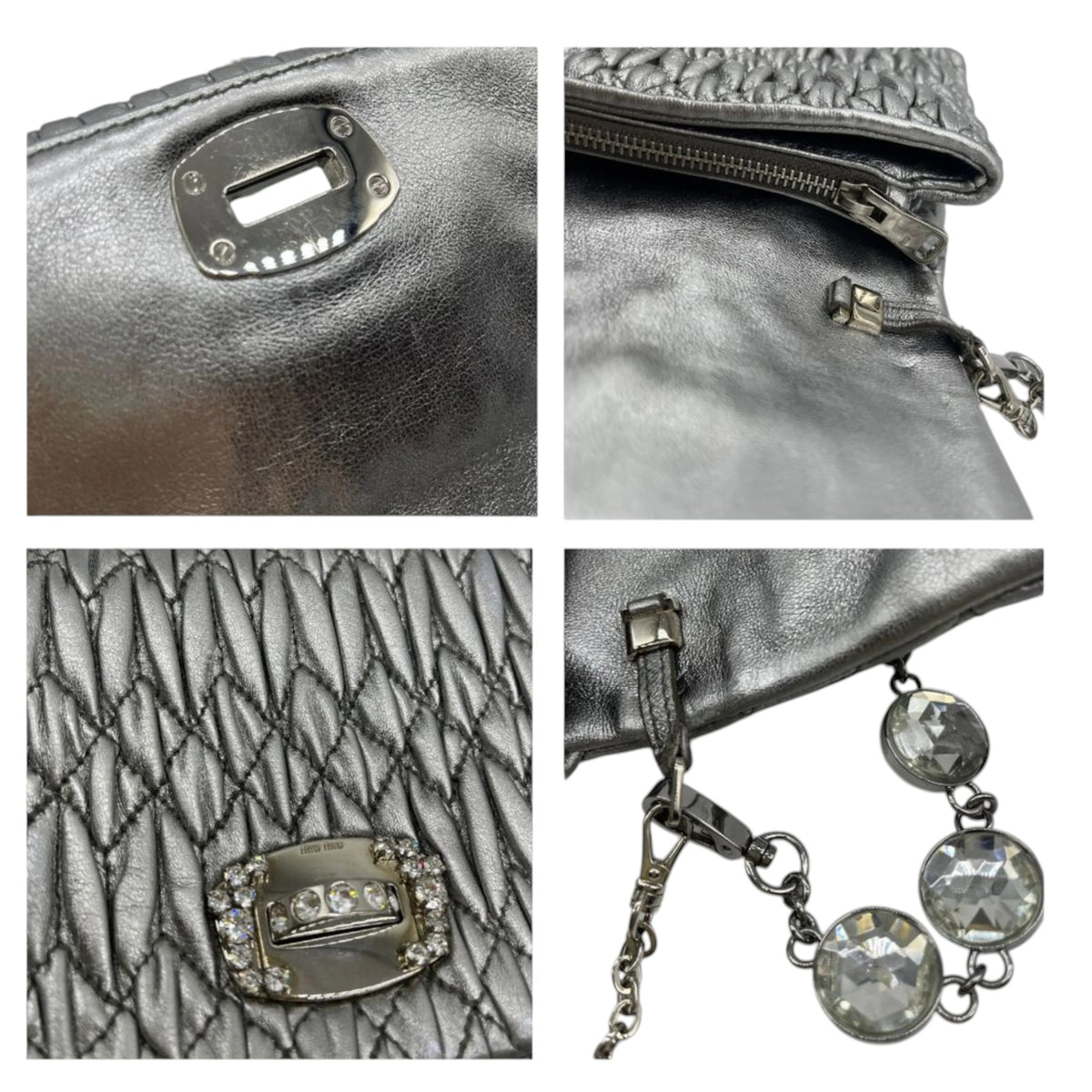 Miu Miu Cloqué Nappa Leather Silver Crystal Clutch Bag Pre-Loved