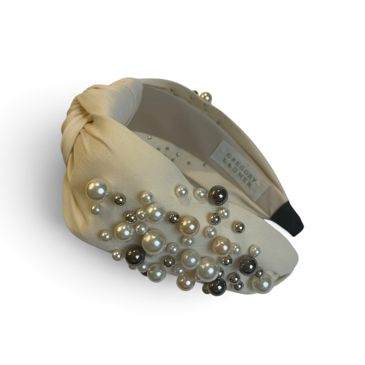 Gregory Ladner Pearl Embellished Satin Knot Headband Cream Pre-loved