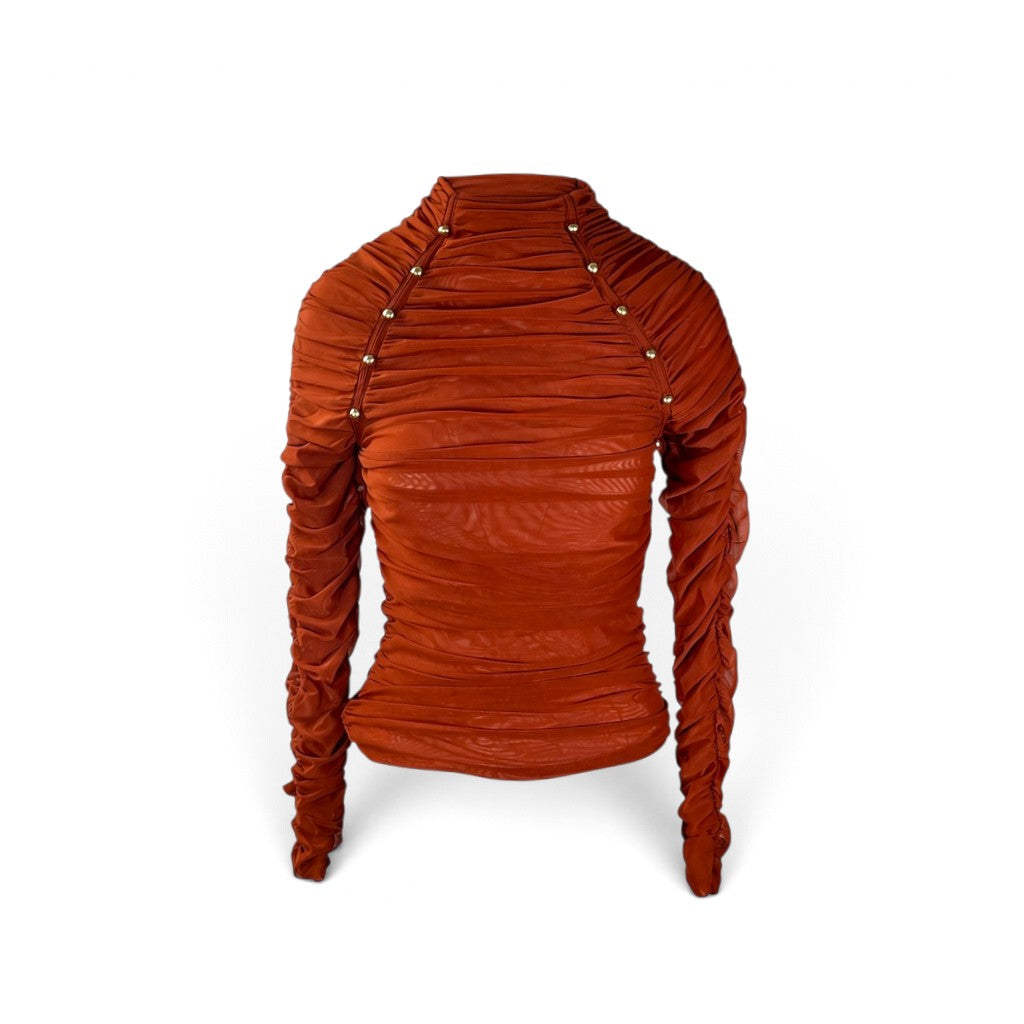 Aje Carline Gathered Mesh Top Burnt Orange Size L
