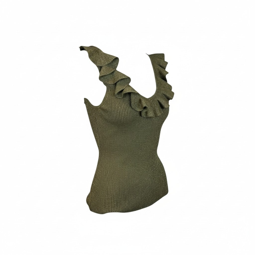 Zimmermann Wylie Frill V-Neck Top Dusty Olive Gold Size 2