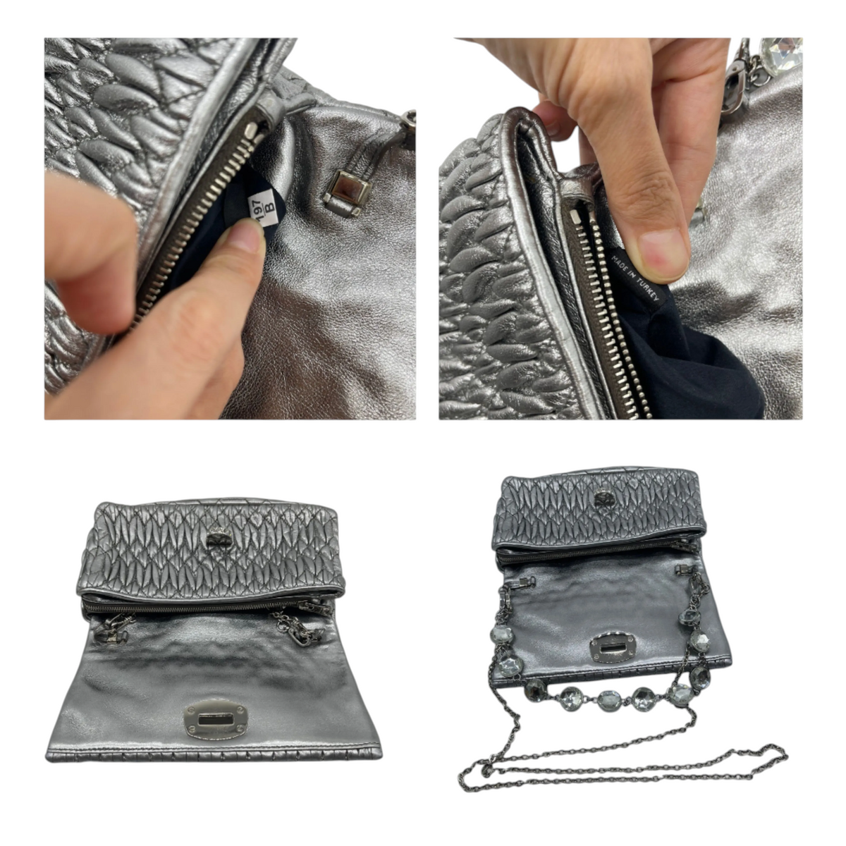 Miu Miu Cloqué Nappa Leather Silver Crystal Clutch Bag Pre-Loved