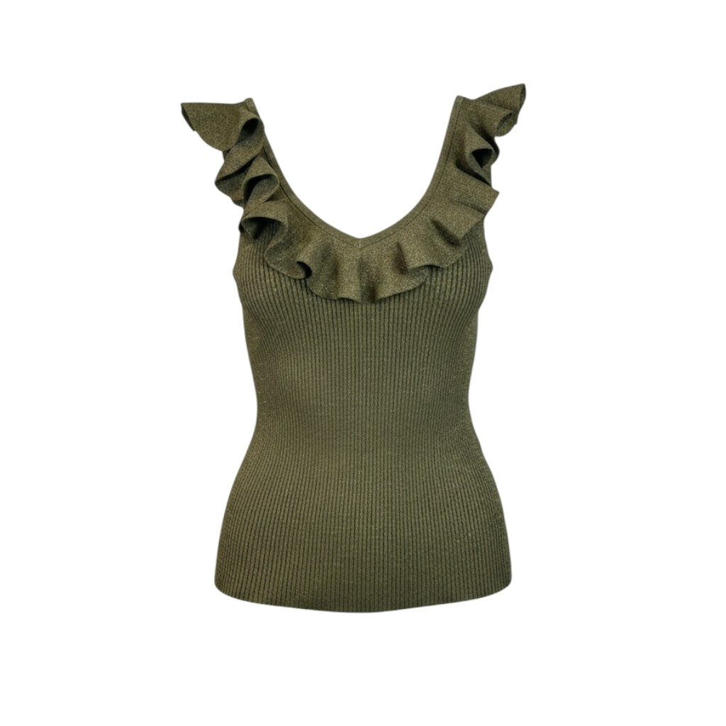 Zimmermann Wylie Frill V-Neck Top Dusty Olive Gold Size 2