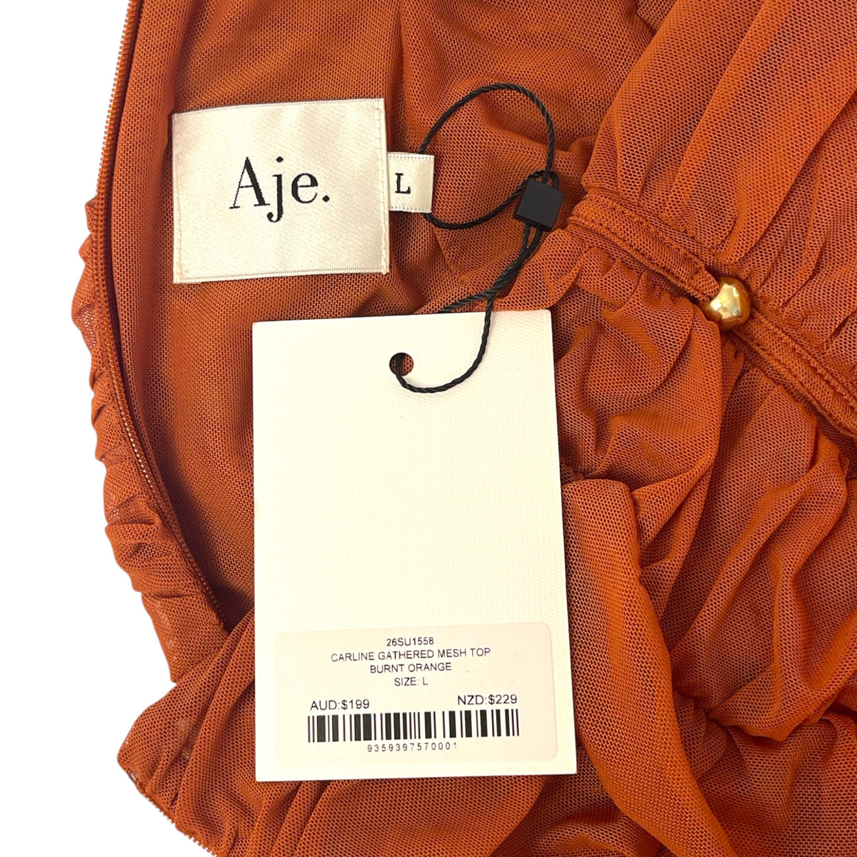 Aje Carline Gathered Mesh Top Burnt Orange Size L