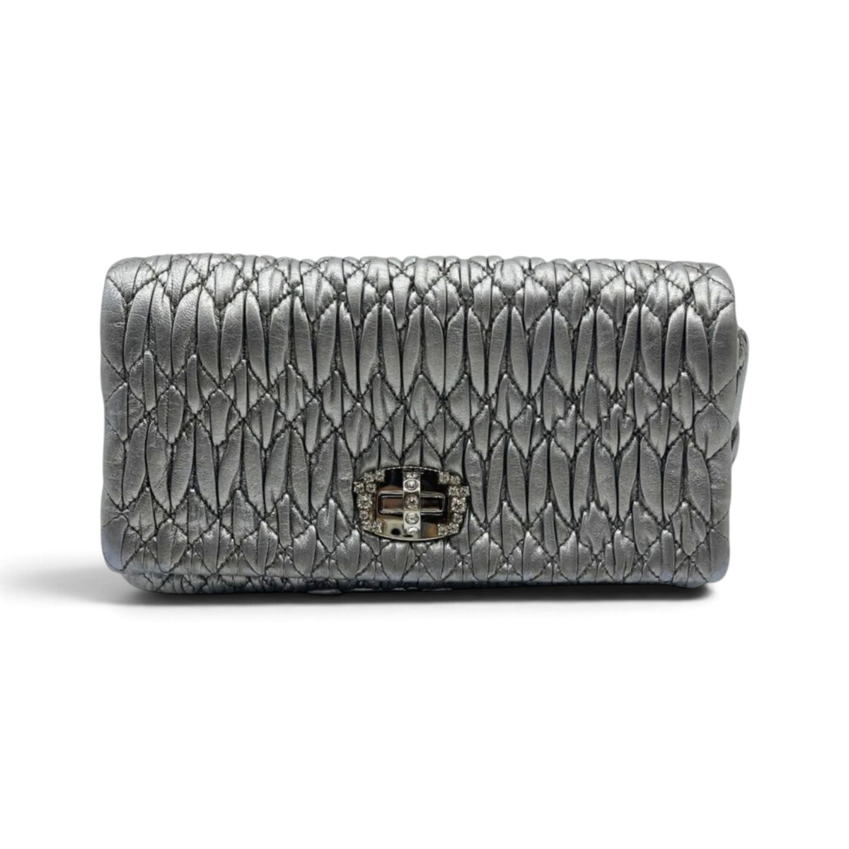 Miu Miu Cloqué Nappa Leather Silver Crystal Clutch Bag Pre-Loved