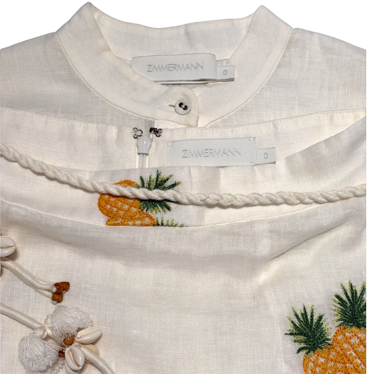 Zimmermann Riders Pineapple Embroidery Linen Shirt & Skirt Set Ivory Size 0