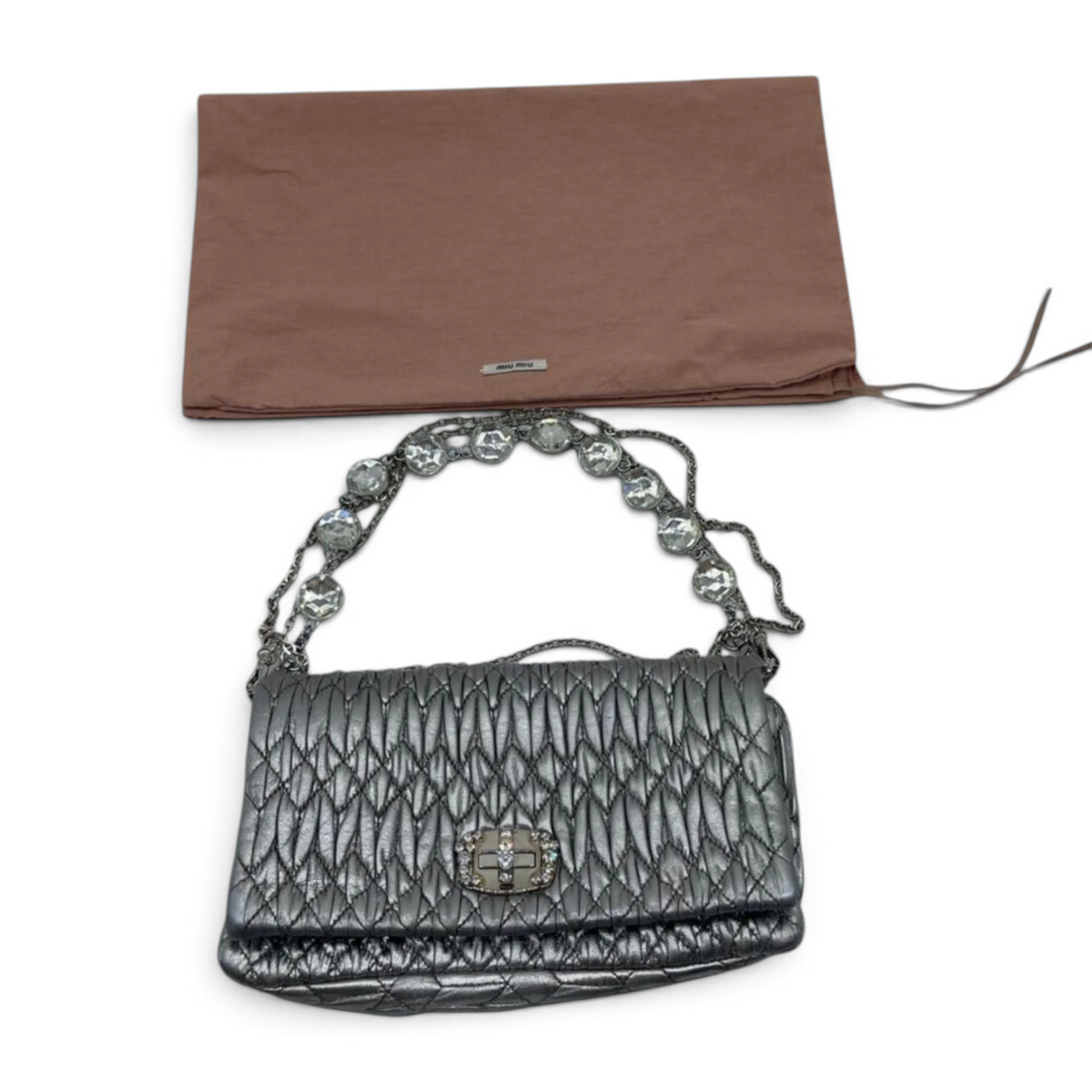 Miu Miu Cloqué Nappa Leather Silver Crystal Clutch Bag Pre-Loved